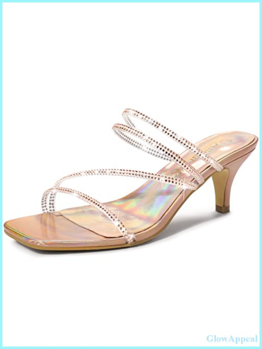 Rhinestone Kitten Heel Slide Sandals Square Toe Slip-On Strappy Heels